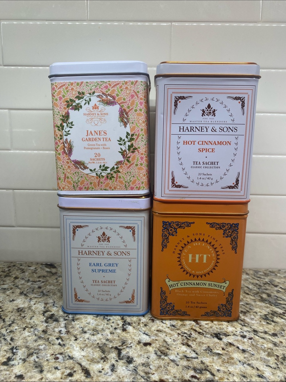 4 Empty Tea Tins 3.5"W x 5"H Harney & Sons Tea Tins